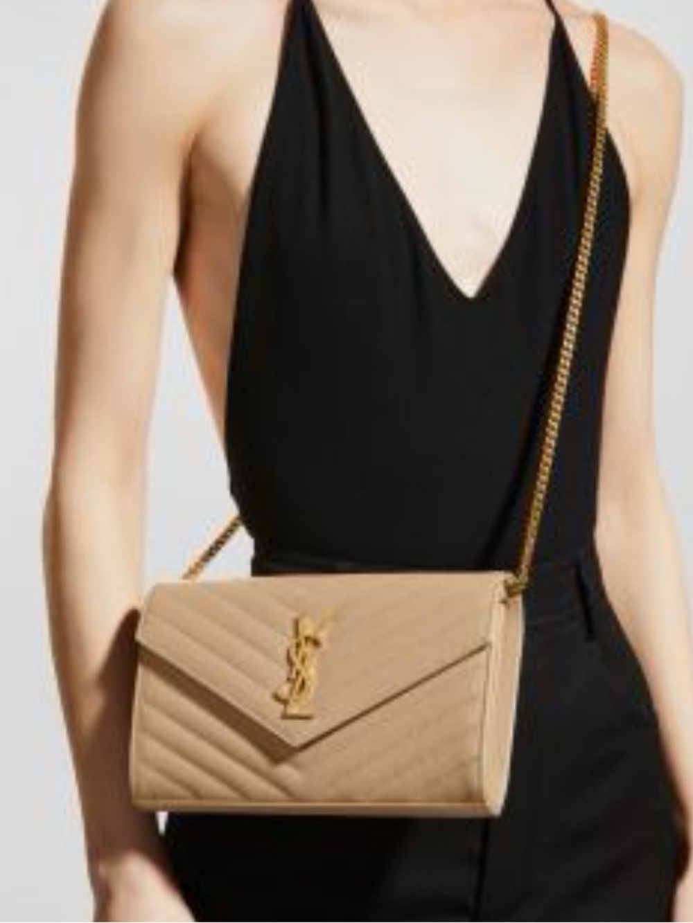 YSL  Saint Laurent CLASSIC CASSANDRE CHAIN WALLET GRAIN DE POUDRE LEATHER BEIGE